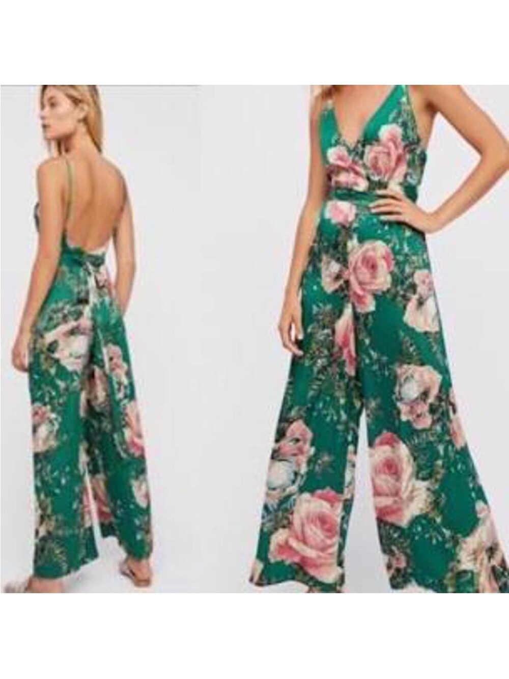 Pre loved Free People Victorian Cottage Rose Satin Wide Leg Jumpsuit